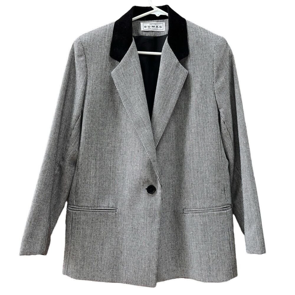Dumas Vintage Houndstooth Blazer Jacket Black & White Velvet Collar Womens 6P